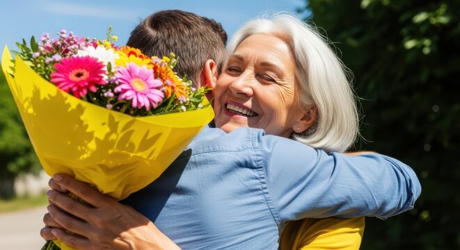 Mature woman hugging a man while receiving a colorful flower bouquet