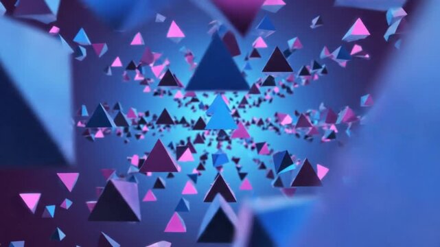 Abstract geometric 3D floating pyramid shapes in blue and pink tones against a glowing background