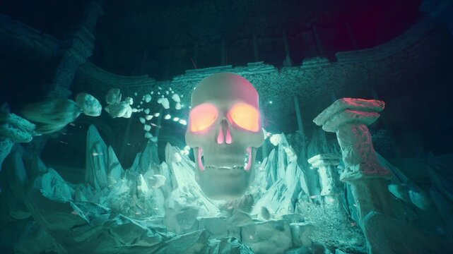 Floating Human Skull Disintegrating into Magic Particles in Dark Cave