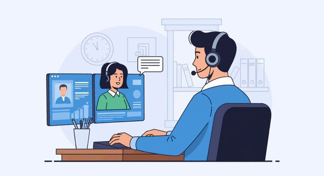 Vector illustration of a male customer support agent with headset at a desk with dual monitors showing a female user in a video call interface, speech bubble, and business data graphics.