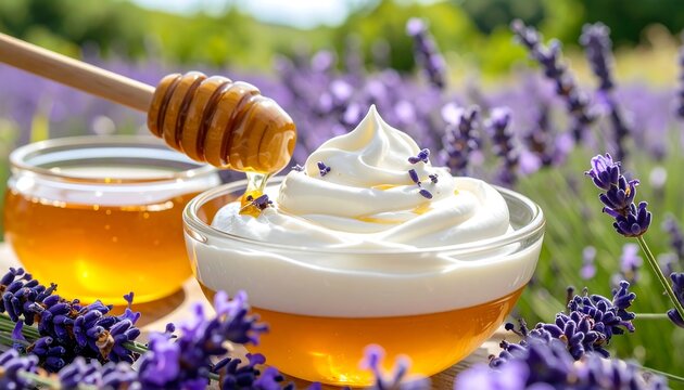 Bee collecting nectar from blooming lavender flowers.