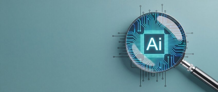 Magnifying glass over a glowing ai microchip circuit board