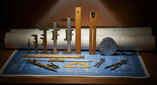 Vintage Engineering and Drafting Tools Arranged on Blueprints