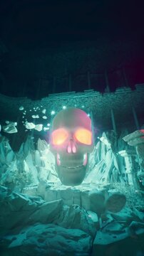 Gothic Human Skull With Glowing Eyes Inside Ancient Stone Dungeon