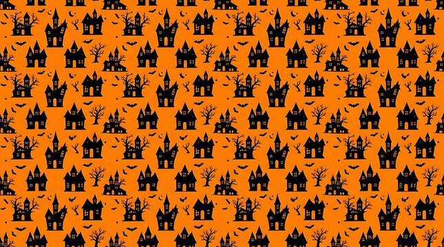 Seamless halloween pattern with haunted houses and bats on orange