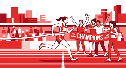 Fototapeta premium Athletic Victory Celebration Woman Crosses Finish Line Holding Champions Banner