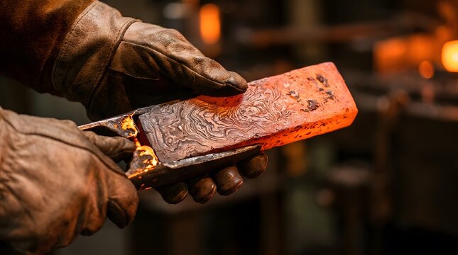 Blacksmith forging glowing damascus steel billet with protective gloves.