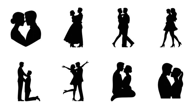 Silhouette couple dancing and embracing in various romantic poses Vector