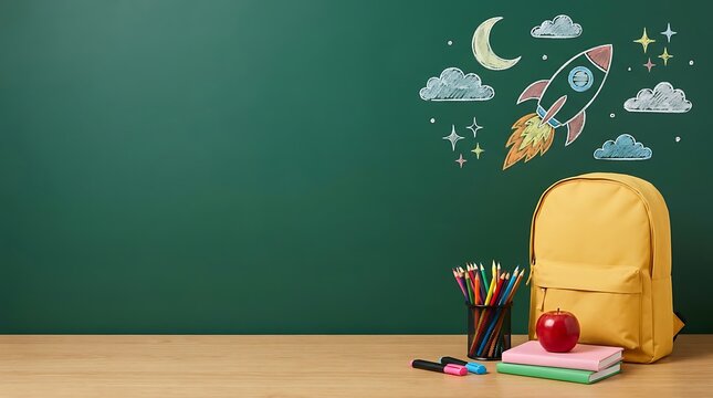 Yellow backpack, apple, books, pencils and markers on wooden desk in front of green chalkboard with chalk drawings of rocket clouds moon and stars, back to school concept.