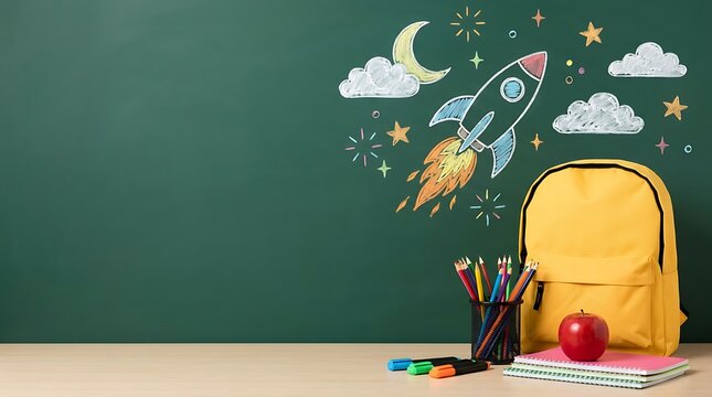 Yellow backpack, apple, books, pencils and markers on wooden desk in front of green chalkboard with chalk drawings of rocket clouds moon and stars, back to school concept.