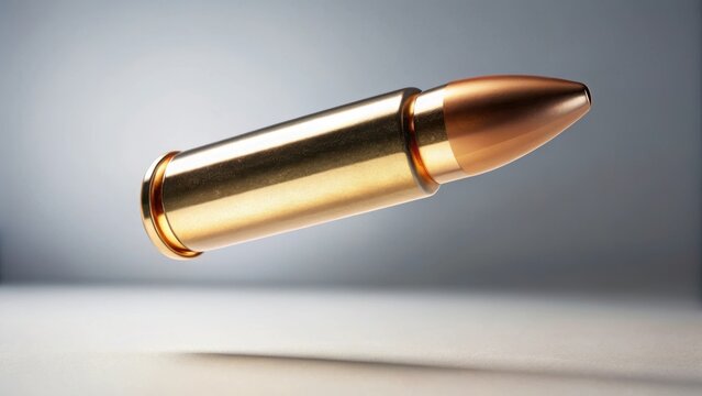 A solitary bullet falls gently through the air its metallic surface glinting softly against an isolated white background suspended in a state of slowm