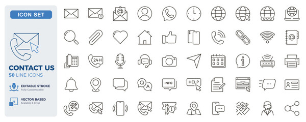 Contact us icon set. Customer support, communication and help desk thin line icons. Editable stroke vector illustrations.