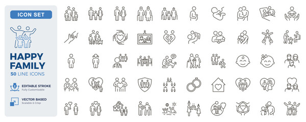 Happy family icon set. Parenting, relationships, childcare and family life thin line icons. Editable stroke vector illustrations.