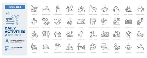 Daily activities icon set. Routine, lifestyle, home and work thin line icons. Editable stroke vector illustrations. © Pedro