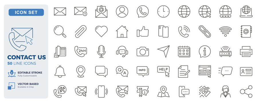 Contact us icon set. Customer support, communication and help desk thin line icons. Editable stroke vector illustrations.
