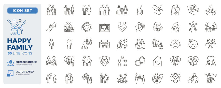 Happy family icon set. Parenting, relationships, childcare and family life thin line icons. Editable stroke vector illustrations.