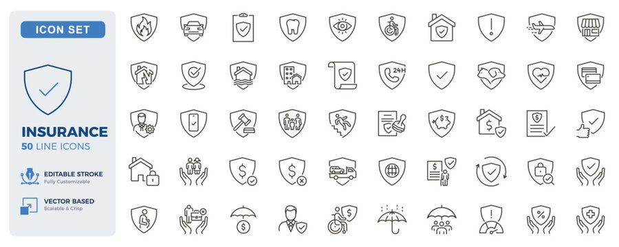 Insurance icon set. Protection, coverage, policy and risk management thin line icons. Editable stroke vector illustrations.