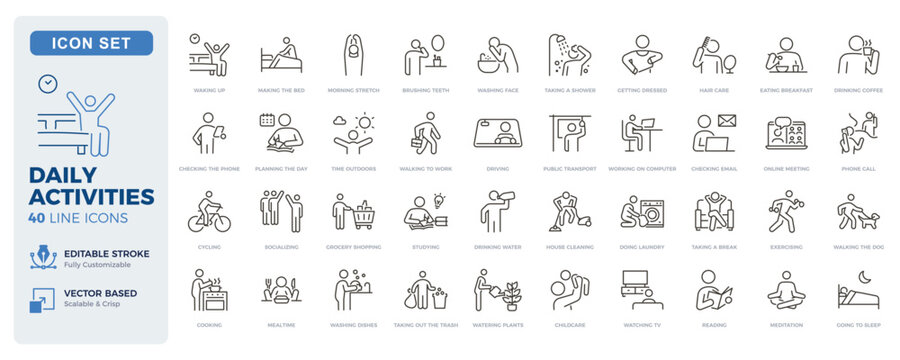 Daily activities icon set. Routine, lifestyle, home and work thin line icons. Editable stroke vector illustrations.