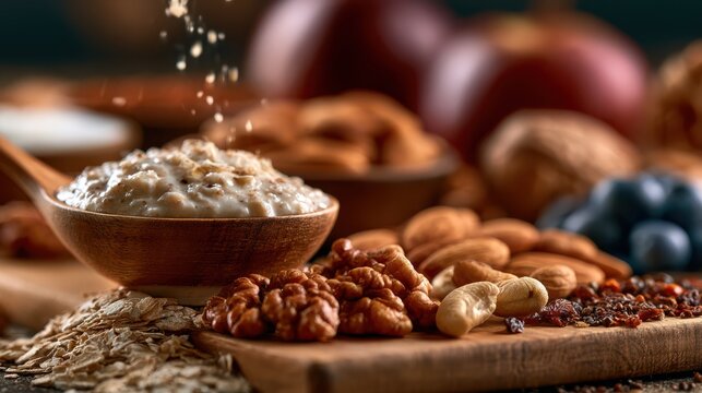 A person enjoying a healthy diet featuring oats, nuts, and fruits, promoting nutrition, wellness, and balanced eating habits for a vibrant lifestyle.
