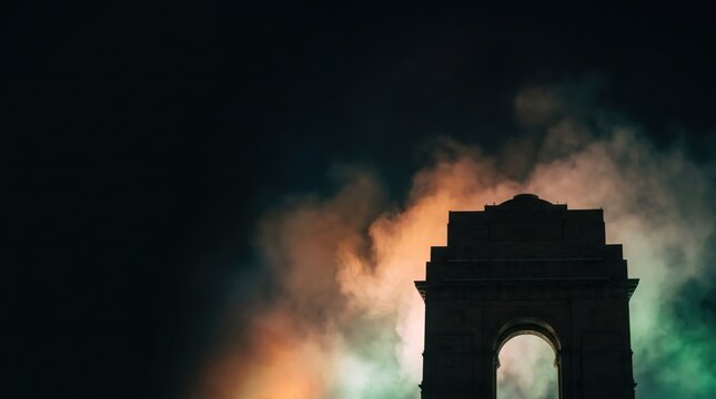Silhouette of India Gate monument with tricolor smoke background for Independence Day