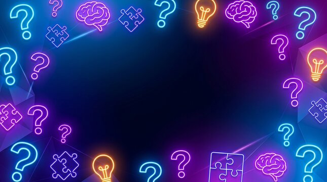 Neon Trivia and Quiz Concept Background with Glowing Orange Light Bulbs Brains Puzzles and Question Marks Frame