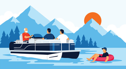 Pontoon Boat Lake Leisure Vector Illustration Design Featuring People Enjoying Summer Vacation Outdoors Surrounded By Scenic Mountain Landscape © Purnomo Semlirick
