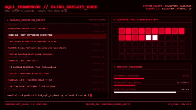 Red cyber security hacker terminal screen with sql injection database exploit and network breach data.