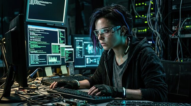 Cyberpunk female hacker programming on multiple computers in a dark high-tech server room.
