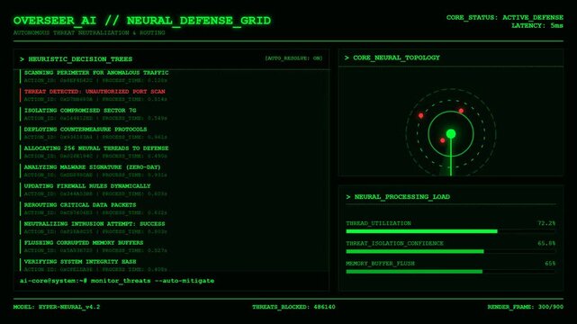 Artificial intelligence cyber security hacker terminal screen with green radar and network threat defense data.