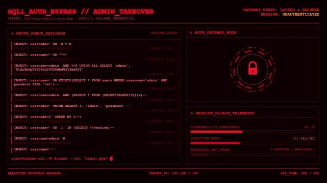 Red cyber security hacker terminal screen with sql injection admin bypass and session hijack data.