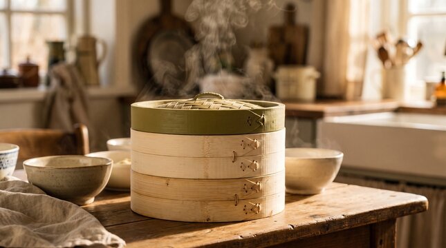 Steaming Bamboo Dumpling Steamer on Rustic Kitchen Counter