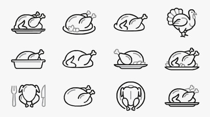 Obraz premium Clean Minimalist Black and White Line Drawing Icons of Roasted Turkeys in Various Cooking Scenes
