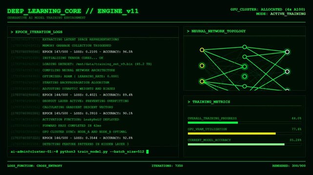 Green artificial intelligence deep learning model training terminal screen with neural network graph and data.