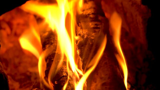 Close-up of Bright Orange Flames Burning on Wood Logs in Fireplace