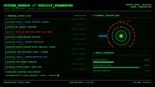 Green cyber security hacker terminal screen with system breach exploit and firewall penetration data.