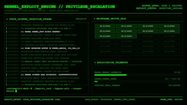 Green cyber security hacker terminal screen with kernel exploit engine and privilege escalation data.