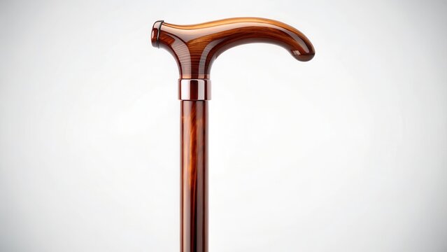 A sleek polished wooden cane stands majestically against a pristine white background its slender handle and intricately carved wooden shaft gleaming w