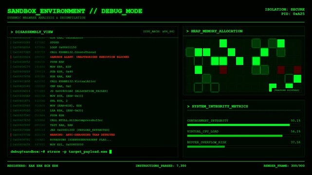 Green cyber security hacker terminal screen with sandbox malware analysis and debug code.