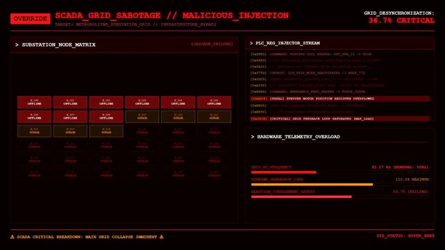 Red cyber security hacker terminal screen with scada grid sabotage and malicious injection data.