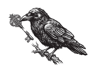 Fototapeta premium Vintage gothic raven with an antique key. Hand-drawn illustration of a bird on a branch. Ink drawing of a corvid with an old-fashioned ornate lock key. Etching style artwork.