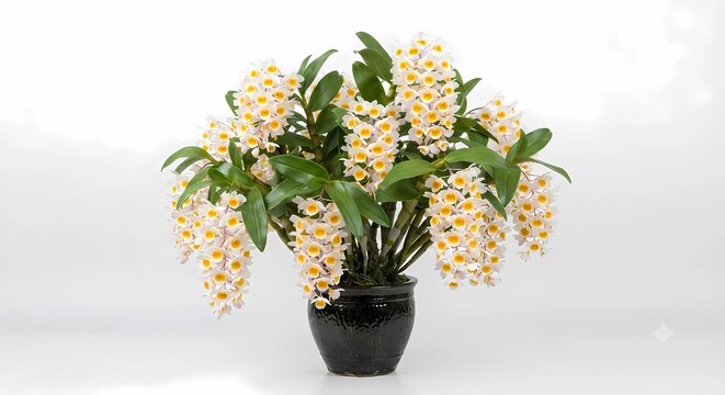 Beautiful blooming Dendrobium orchid flowers in a black pot, isolated on white background