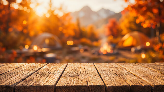 An empty rustic wooden tabletop in the foreground with space for text. The background features a beautiful view of a mountain campsite during autumn.