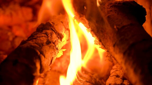 Close-up of Bright Orange Flames Burning on Wood Logs in Fireplace