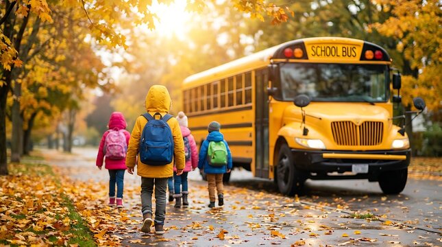 Children wearing backpacks walk towards a yellow school bus on a sunny autumn day surrounded by colorful fall foliage on street.