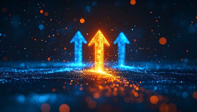 Three bright glowing arrows pointing up on a textured dark digital background with orange and blue sparkles. Represents data-driven growth, successful analytics, reaching targets, and digital trends.