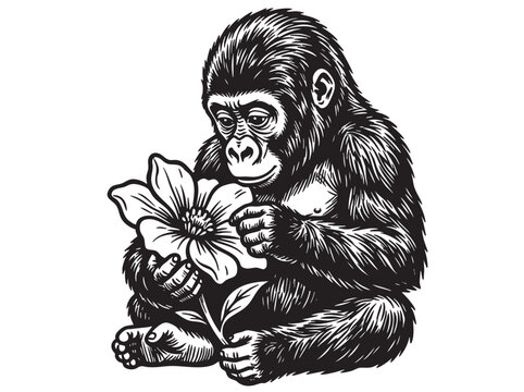 Vintage chimpanzee holding flower illustration; retro engraved monkey with bloom; black and white woodcut style ape portrait; classic etching for logo, print or t-shirt