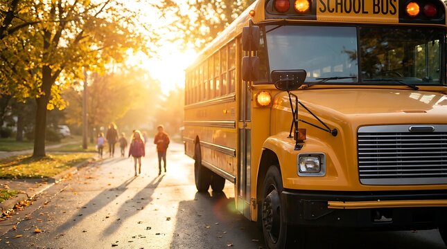 Children wearing backpacks walk towards a yellow school bus on a sunny autumn day surrounded by colorful fall foliage on street.