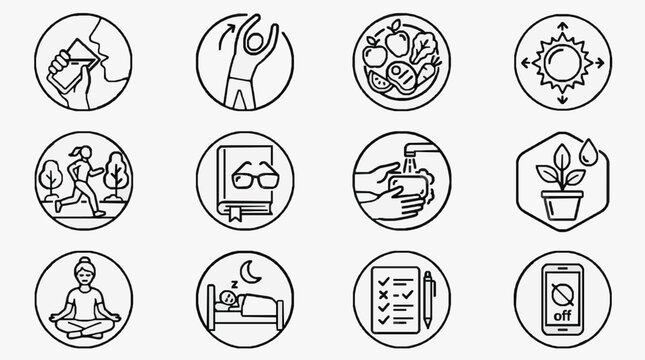 Clean Minimalist Black and White Line Icons Set Featuring Healthy Lifestyle Habits and Digital Detox Concepts