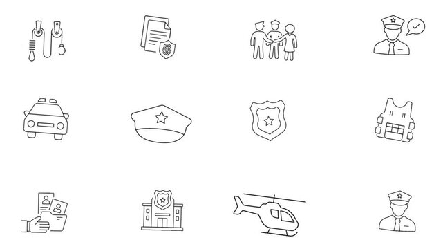 Police department line icons set, minimal white background