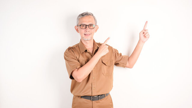 Civil worker man or teacher pointing up, explaining